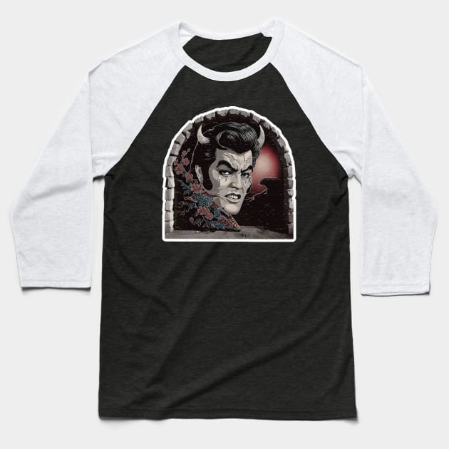 The King's Dark Melody: Eerie Echoes of Graceland Shadows, Suspicious Spirits in a Horror Crescendo. Jailhouse Shock and Heartbreak Hotel Nightmares, where Aloha From the Abyss meets the Creepy Crooner's Macabre Encore with Blue Suede Scares Baseball T-Shirt by PicRidez